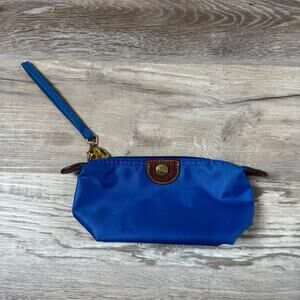 Longchamp Blue Nylon Mini Pouch Brown Leather Trim Wristlet Coin Purse